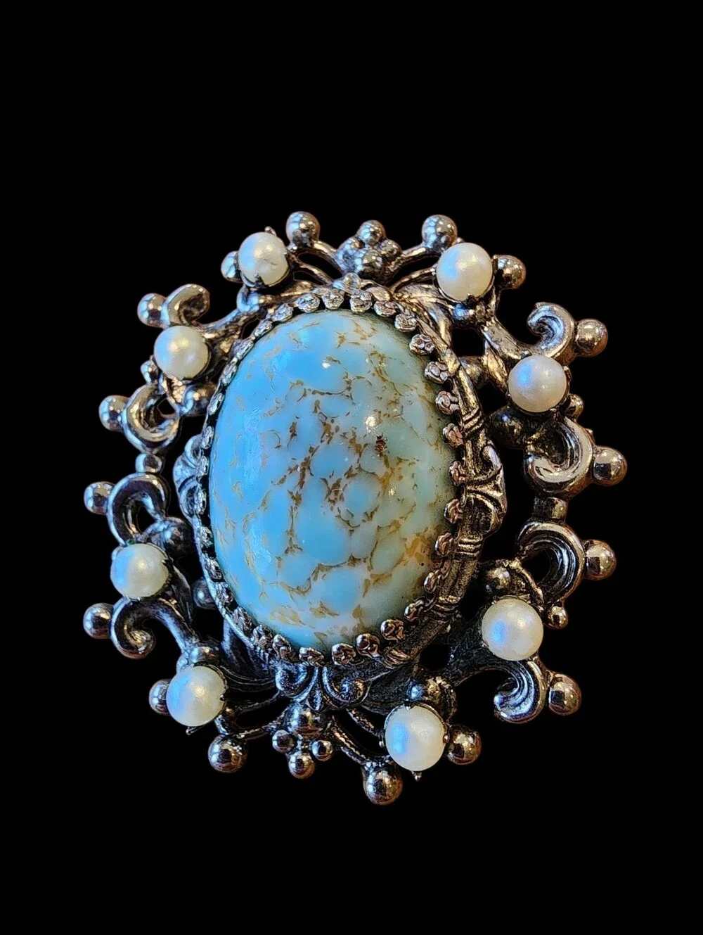 Vintage Victorian Revival Turquoise And Pearl Costume Brooch Pendant Combo 60s